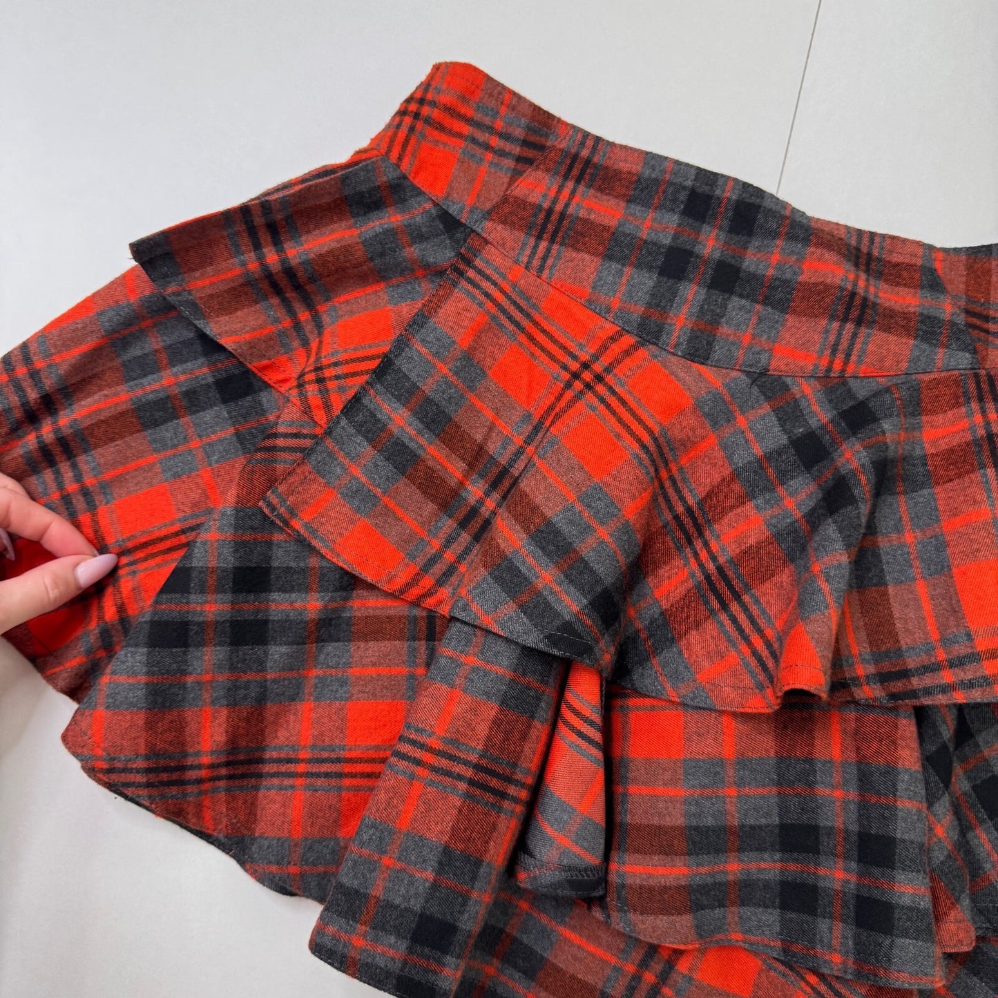Y2K vintage mini skirt tartan frilly layered faux leather buckle grey orange