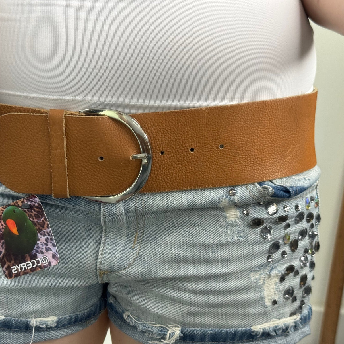 Y2K vintage 100% genuine leather belt oversized chunky grained textured tan