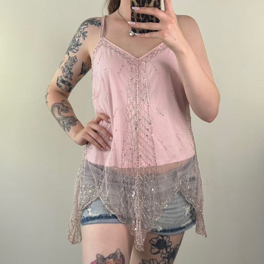 Y2K vintage fairy cami top beaded embellished baby pink mesh sequin coquette