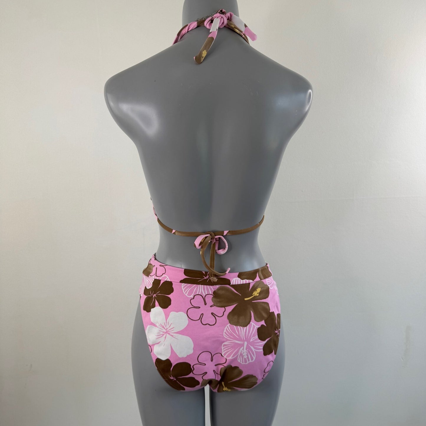 Y2K vintage bikini set matching floral halter neck tie hibiscus