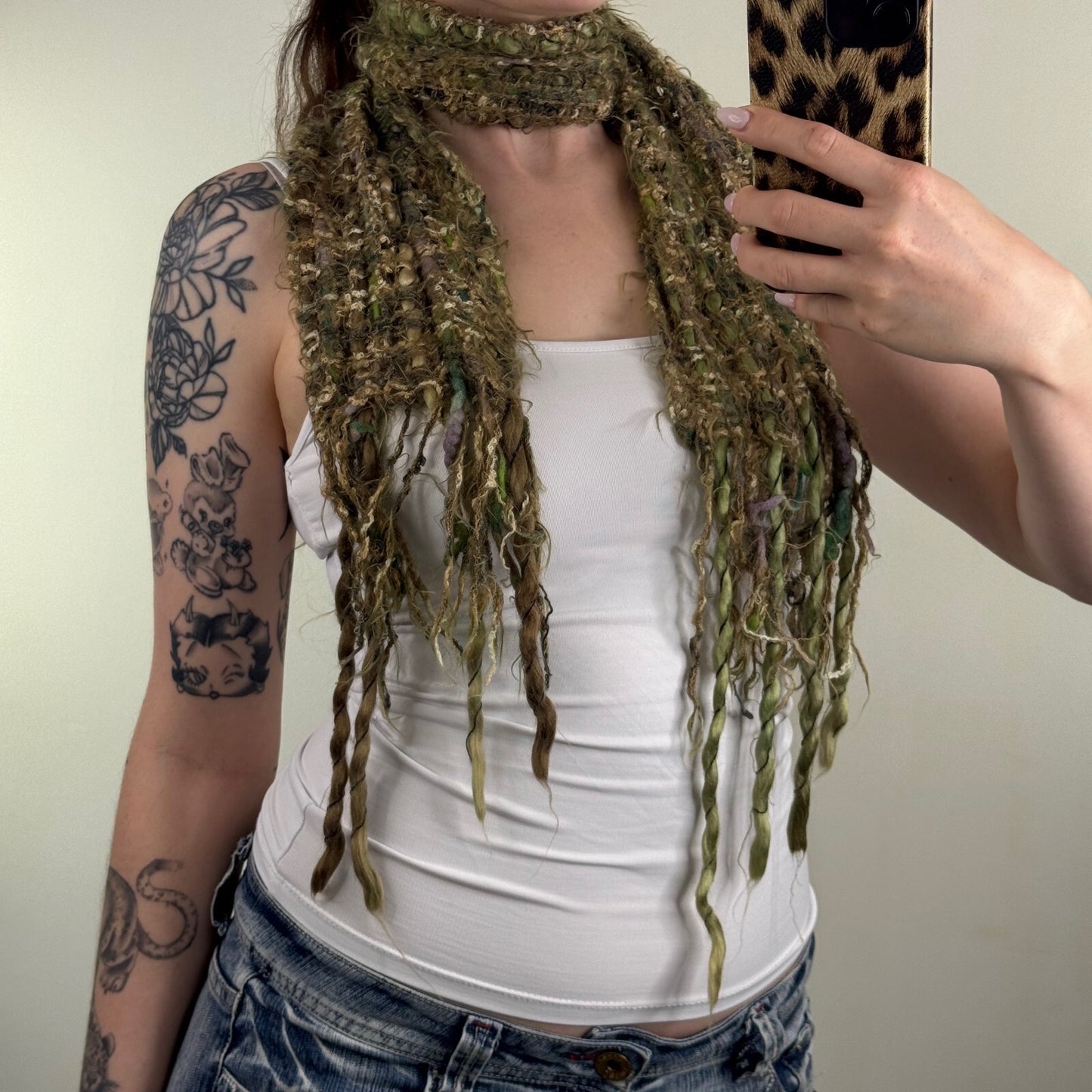 Y2K vintage scarf chunky knit fringe green fairy boho short