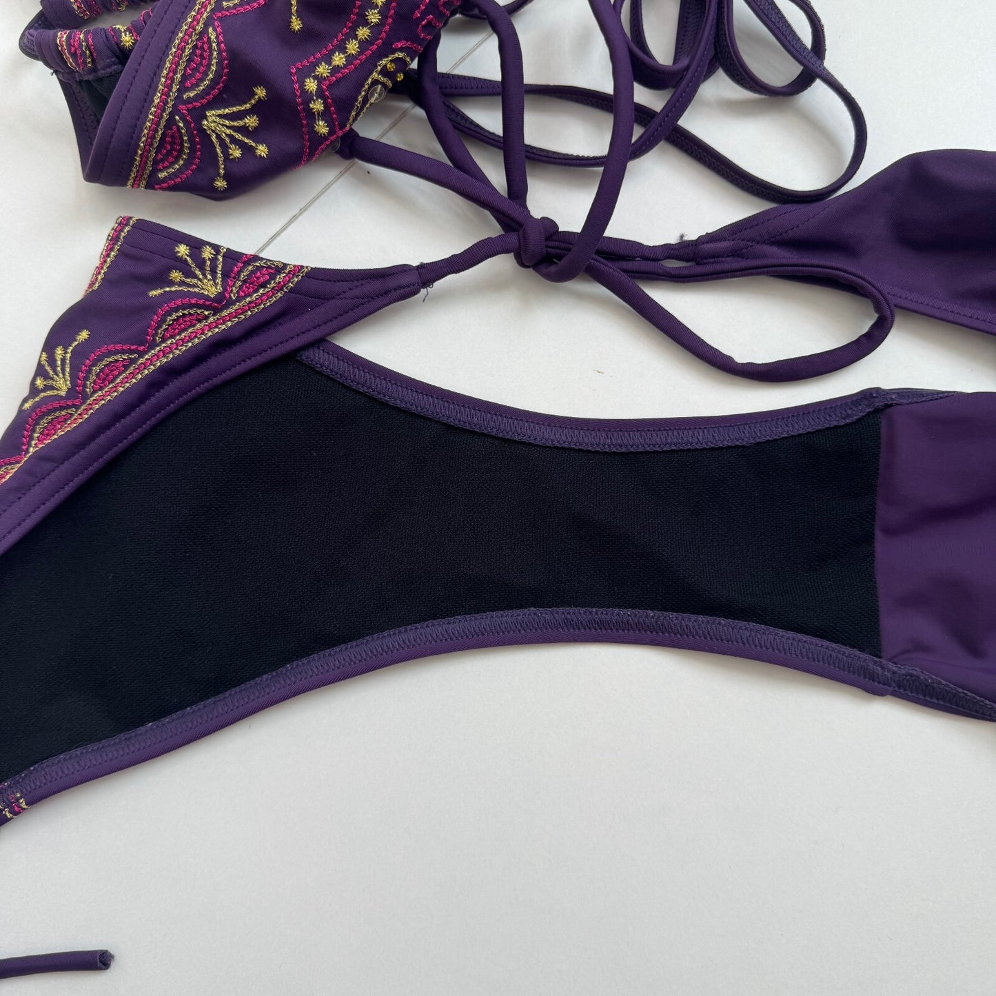 Y2K vintage bikini set matching sequin embroidered tie bow boho halter