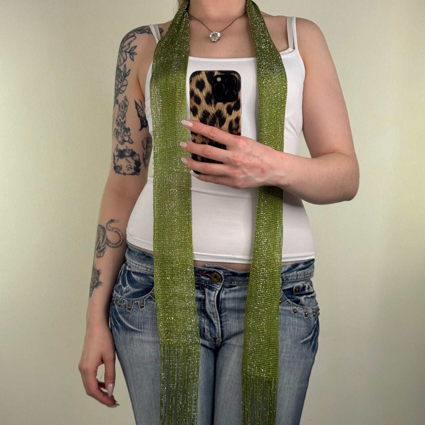 Y2K vintage scarf skinny thin sparkly glitter fringe green sheer knit