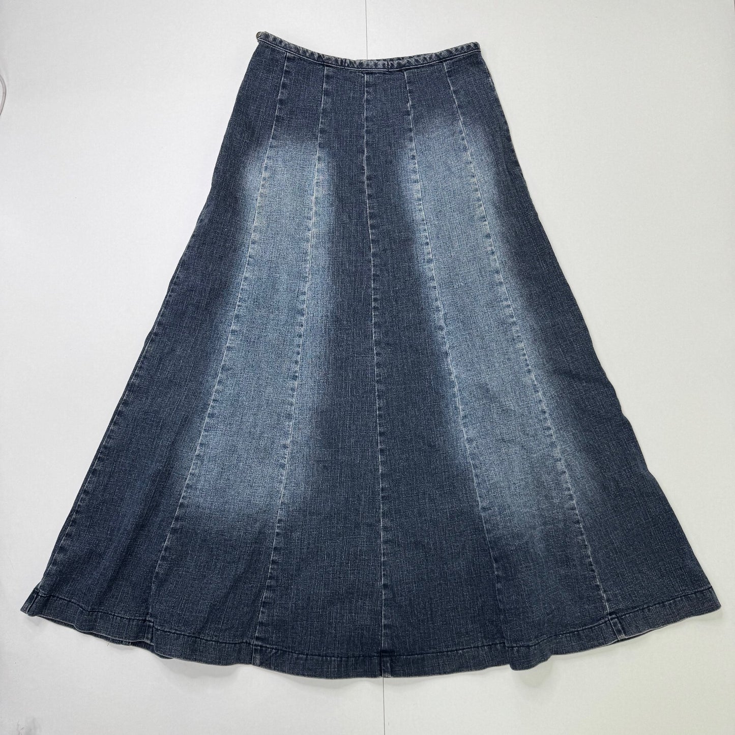 Y2K vintage maxi skirt faded denim wash stretchy a line boho dark blue