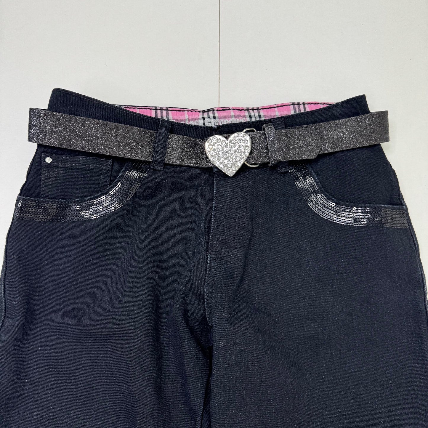 Y2K vintage low rise bootcut denim jeans sequin heart belt rhinestone flare