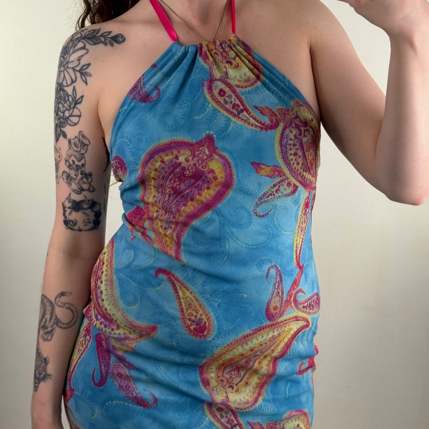 Y2K vintage paisley print midi dress asymmetrical hem halter neck mesh overlay