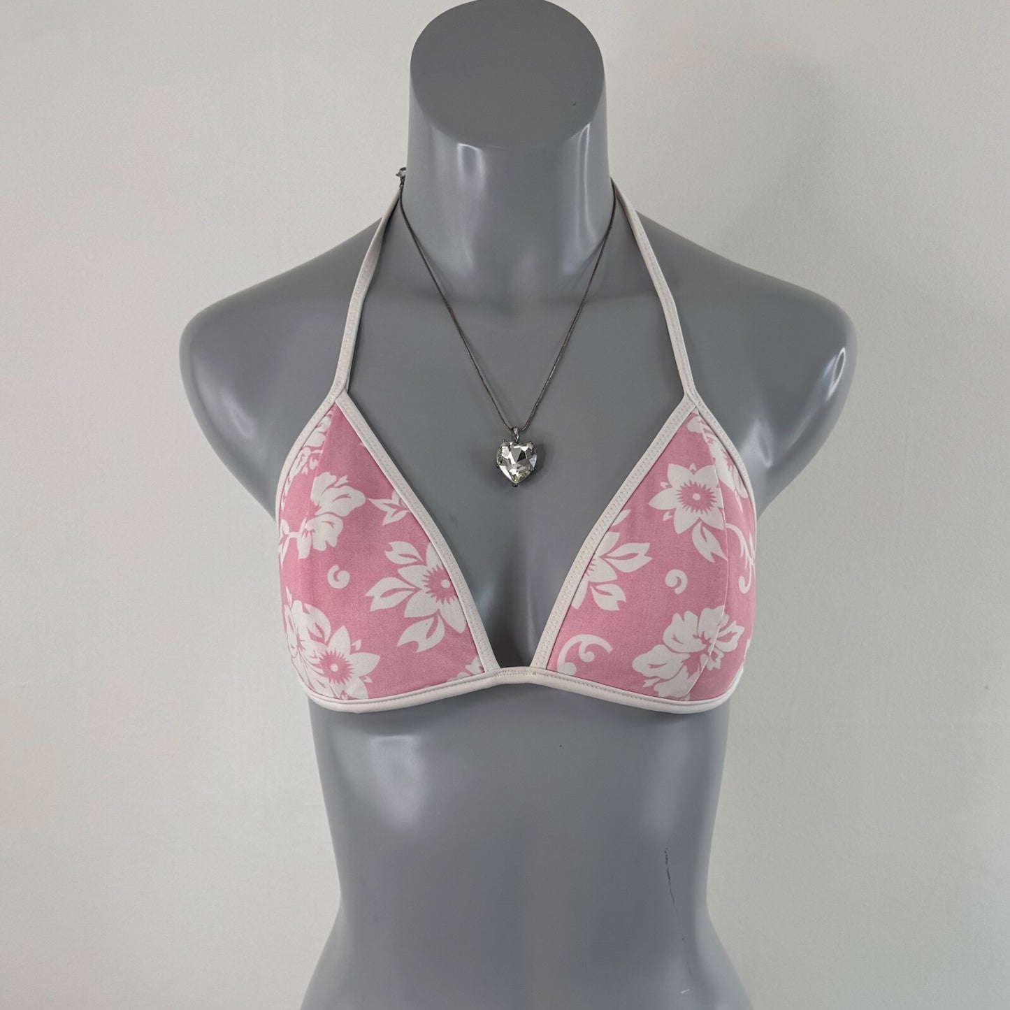 Y2K vintage bikini top halter neck hibiscus floral pink white