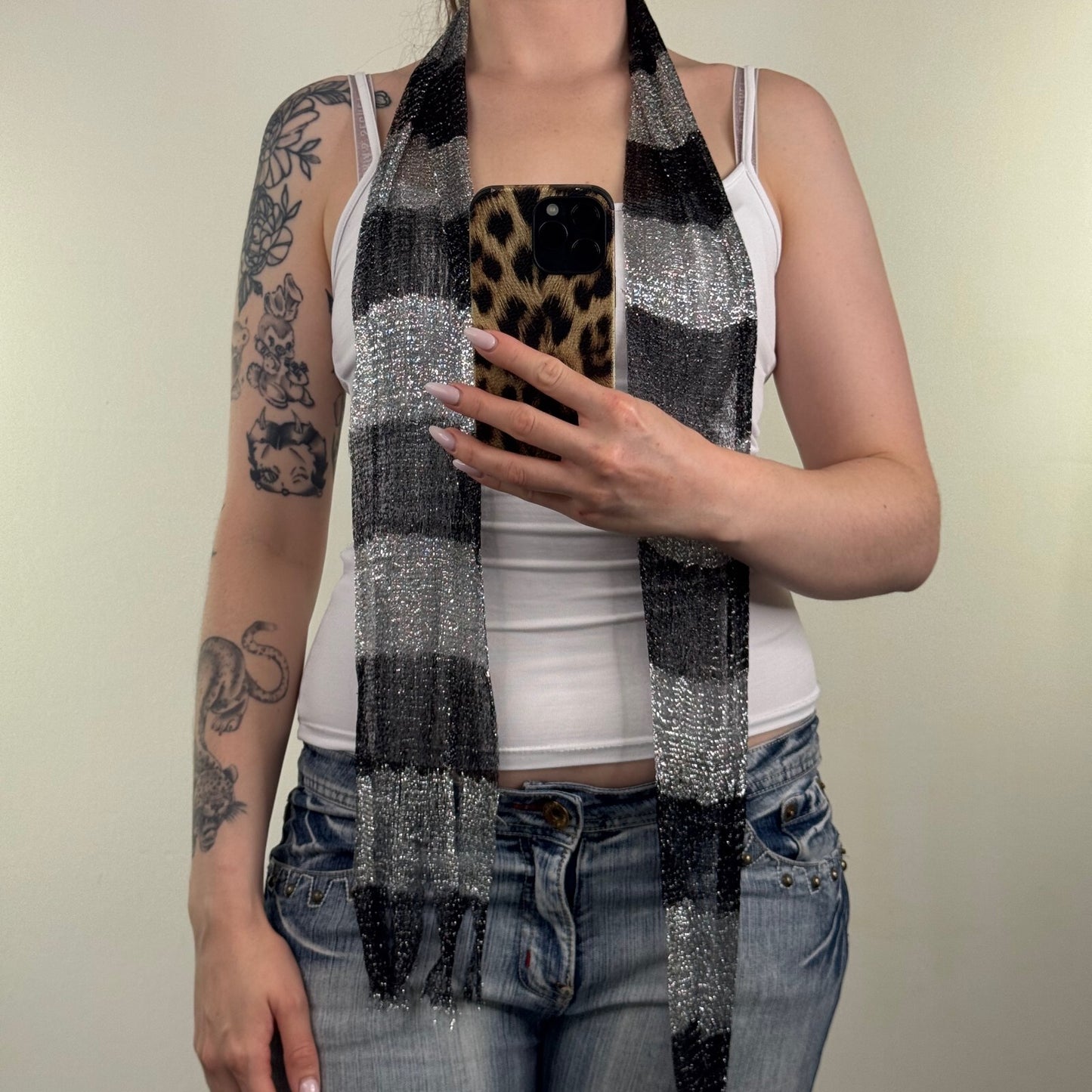 Y2K vintage scarf grey black stripe sparkly skinny thin mesh glitter