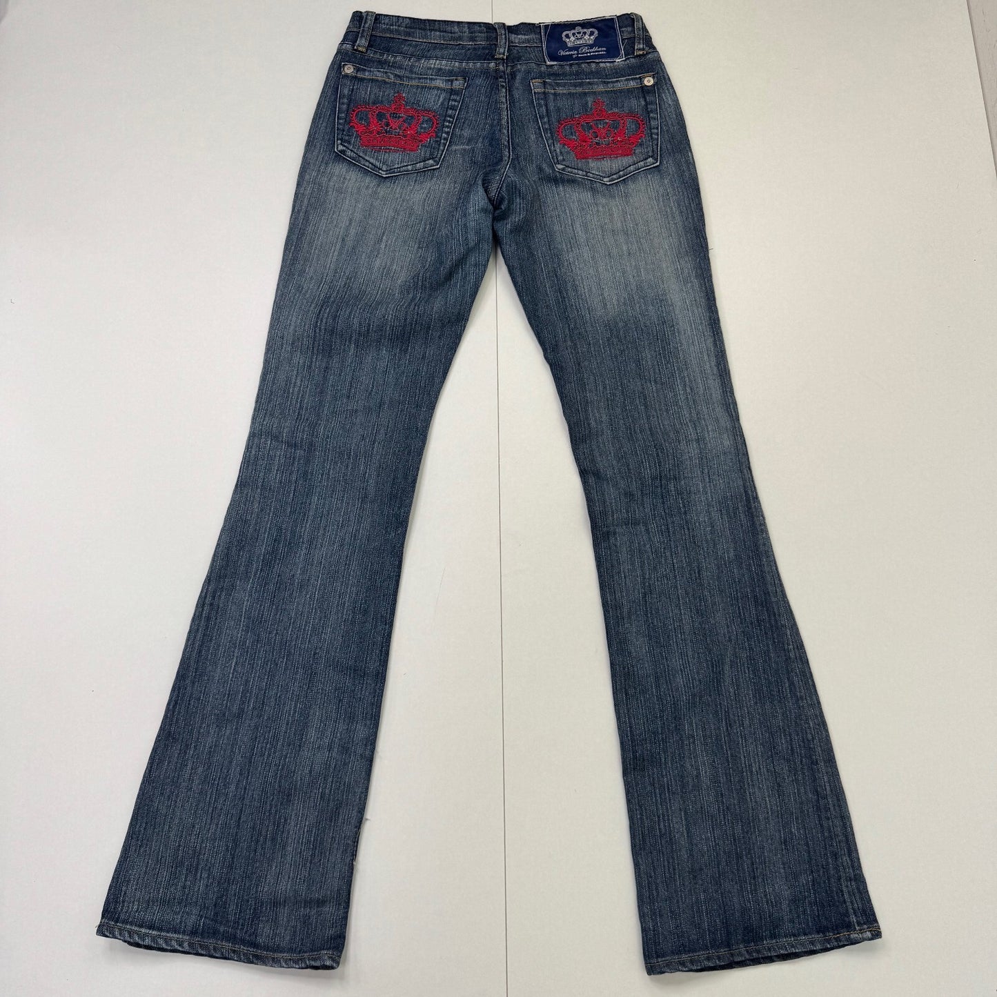 Y2K vintage Victoria Beckham bootcut denim jeans red crown faded low rise