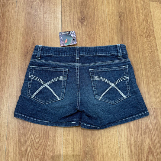 Y2K vintage mini shorts low rise denim dark blue wash contrast stitch stretchy