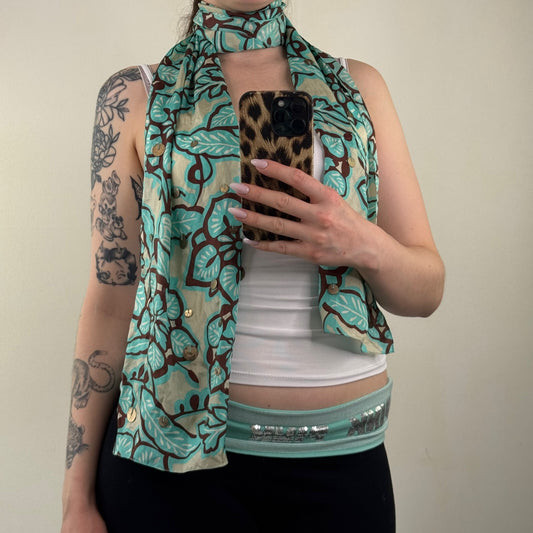 Y2K vintage 100% silk scarf floral embellished blue brown boho flower pattern