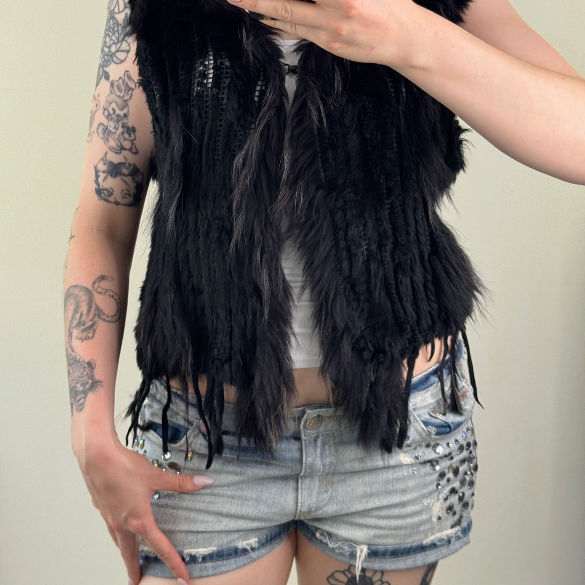 Vintage rabbit/ marmot gilet genuine fur collar trim sleeveless jacket black
