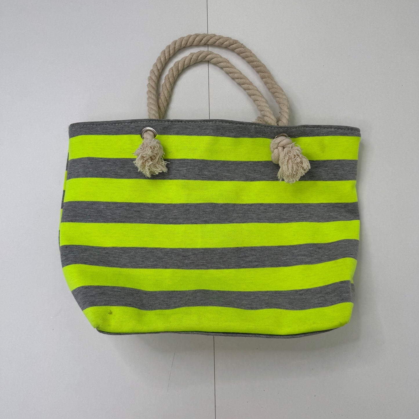 Vintage shoulder bag large tote neon grey yellow stripe beach 2010s braided rope