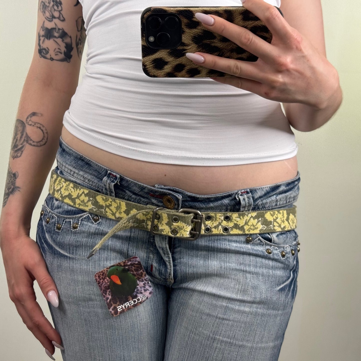 Y2K vintage canvas belt thin skinny grommet hibiscus floral yellow khaki