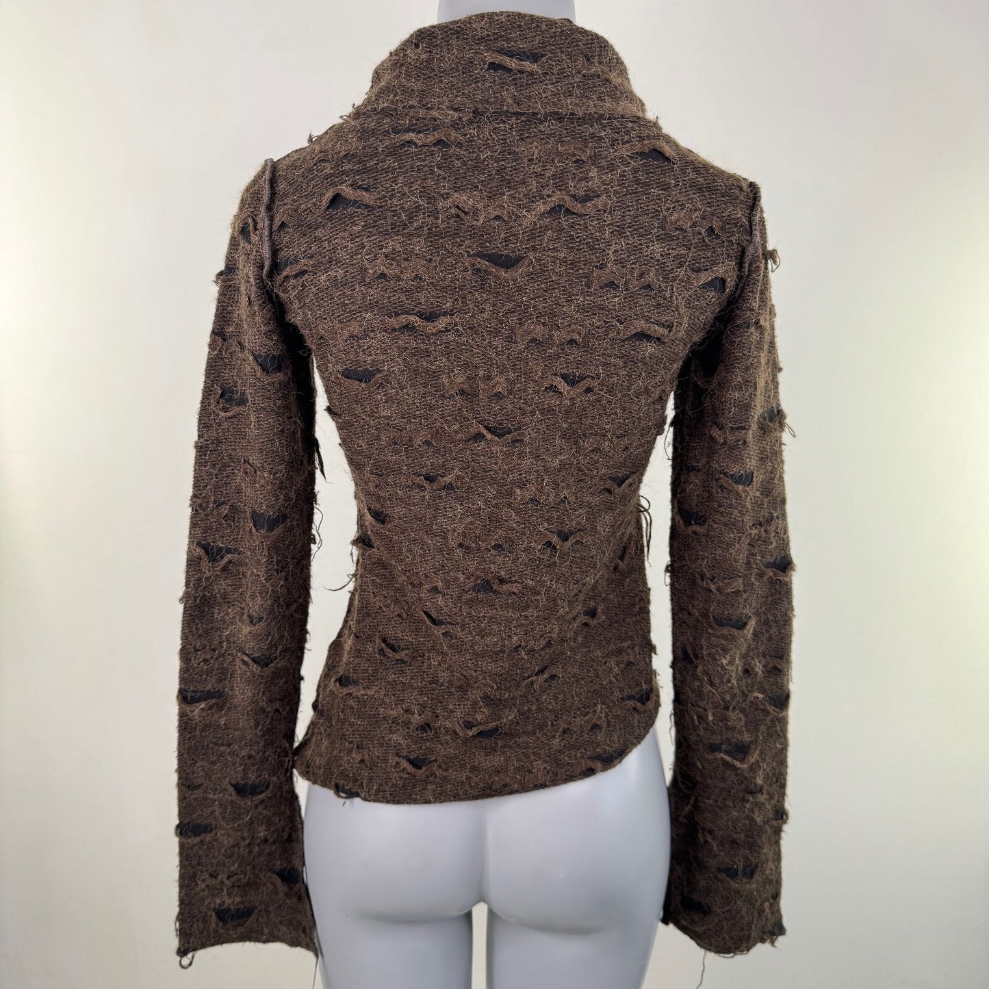 Y2K vintage wool blend jumper asymmetrical roll neck flare sleeve distressed
