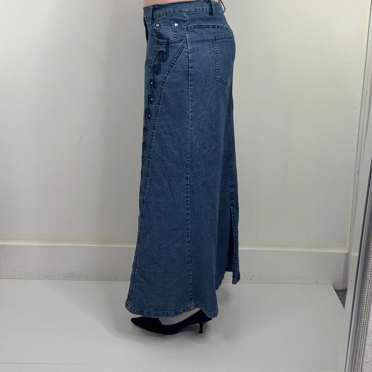 Y2K vintage maxi skirt denim rhinestones stretchy a line embroidered pattern
