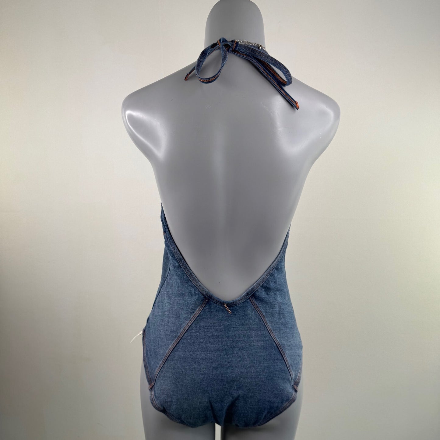 Y2K vintage denim style swimsuit halter neck bow low back blue one piece swim