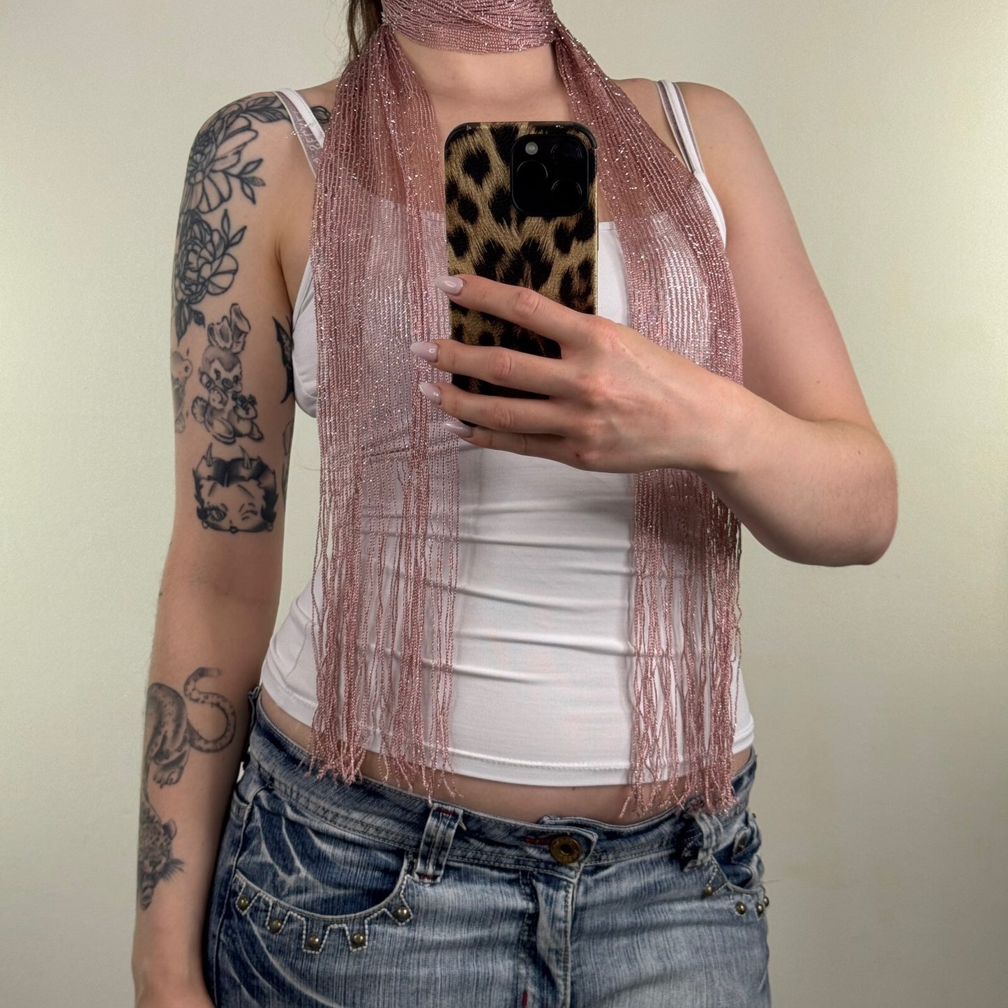 Y2K vintage scarf sheer fine knit sparkly glitter fringe blush pink