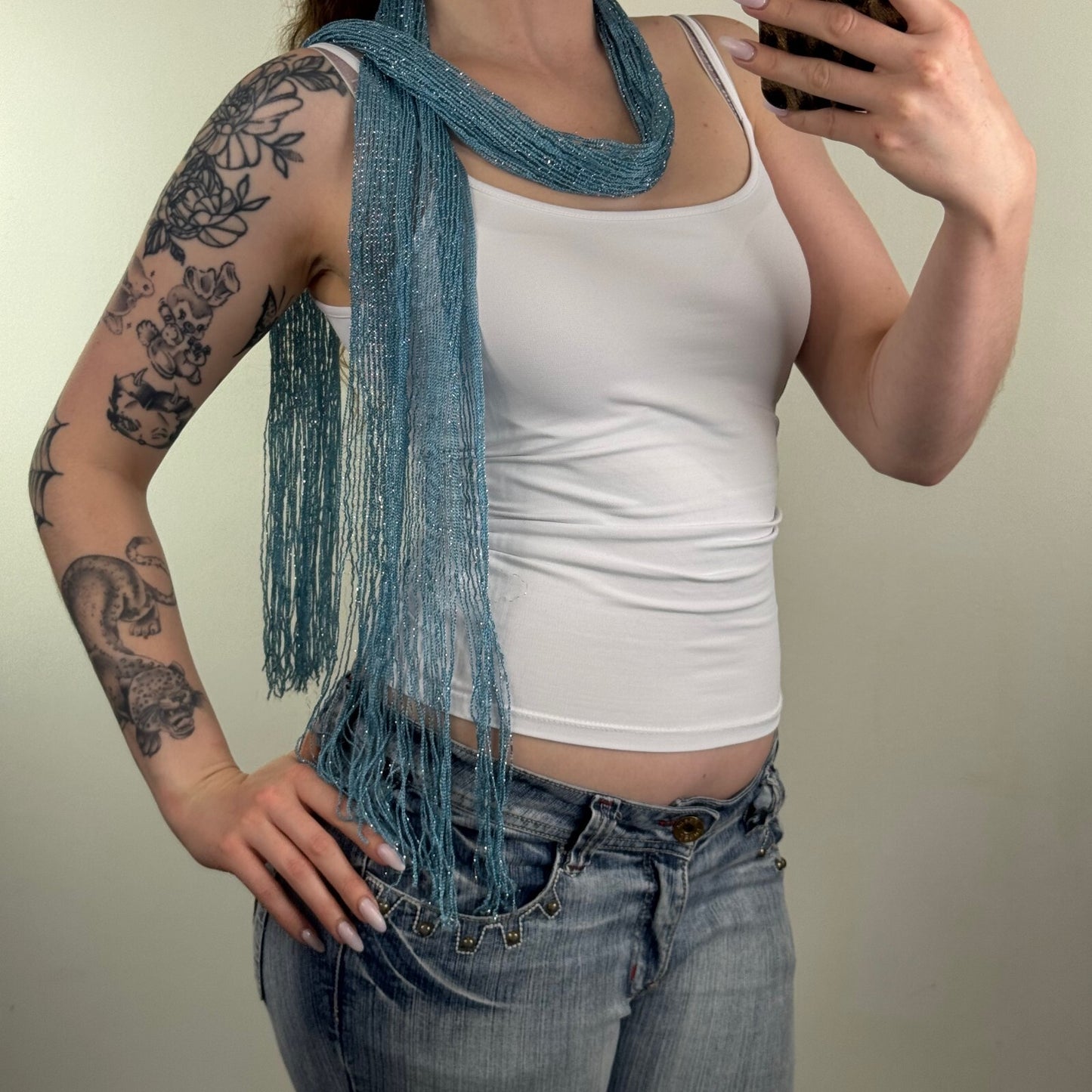 Y2K vintage scarf skinny thin sheer fine knit light blue fringe sparkly glitter