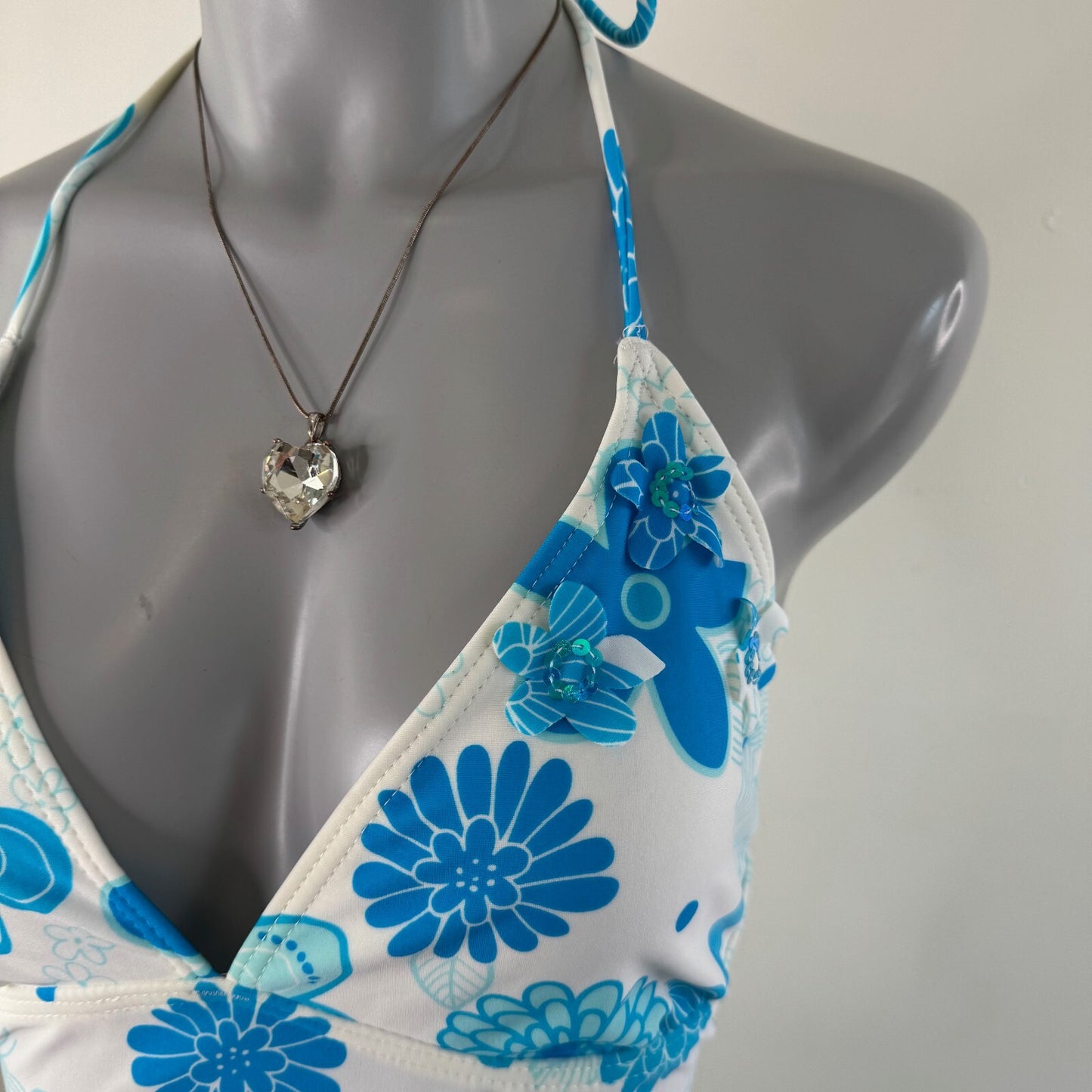 Y2K vintage tankini top halter neck floral 3D flowers sequin tie bow