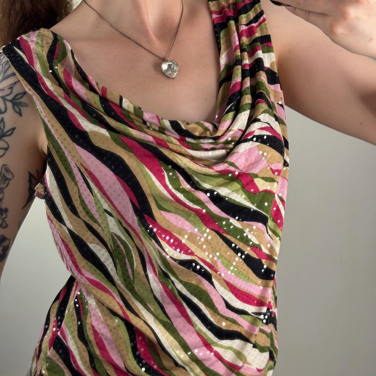 Y2K vintage tank top swirly cowl neck bow party shimmer multi going out