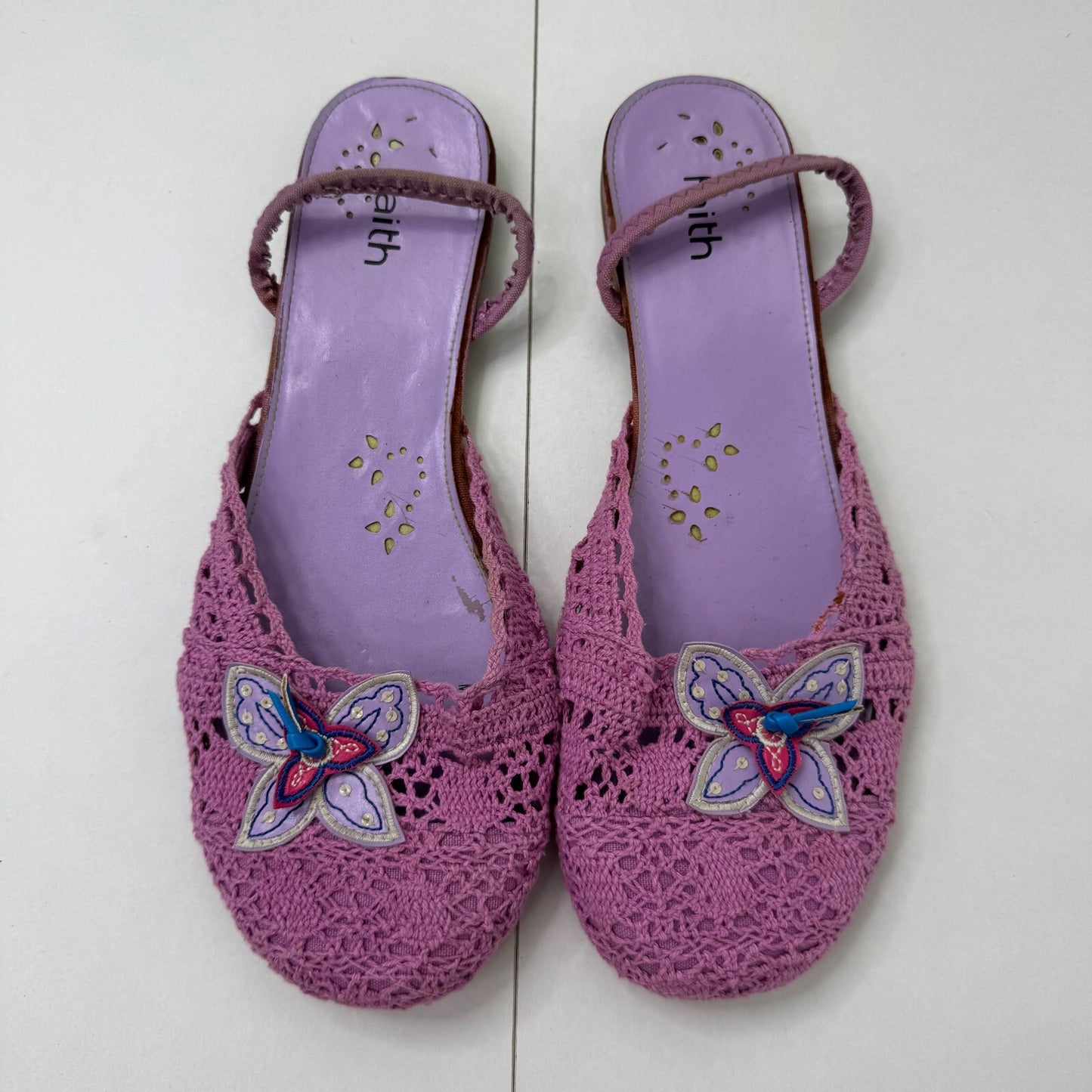 Y2K vintage Faith slip on sandals crochet butterfly lilac summer boho holiday