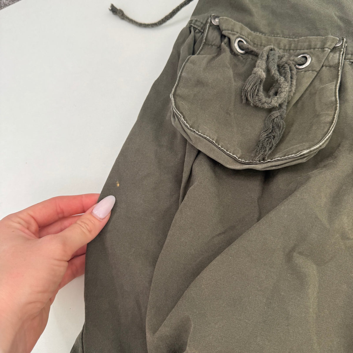Y2K vintage midi skirt cargo a line pockets bow drawstring khaki utility