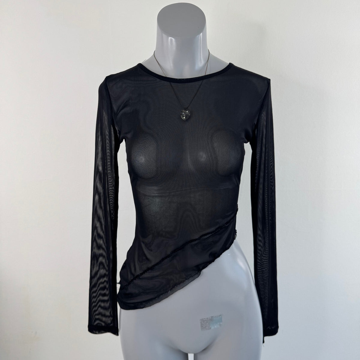 Y2K vintage long sleeve top mesh asymmetrical hem sheer stretchy fitted black