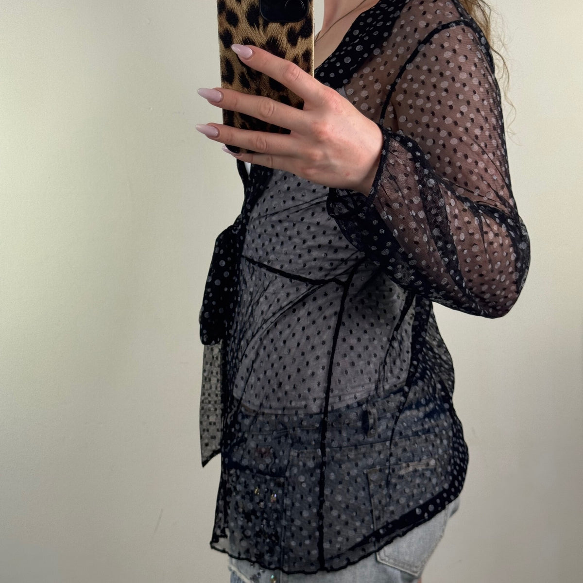 Y2K vintage Per Una top mesh sheer v neck bow stretchy polka dot long sleeve