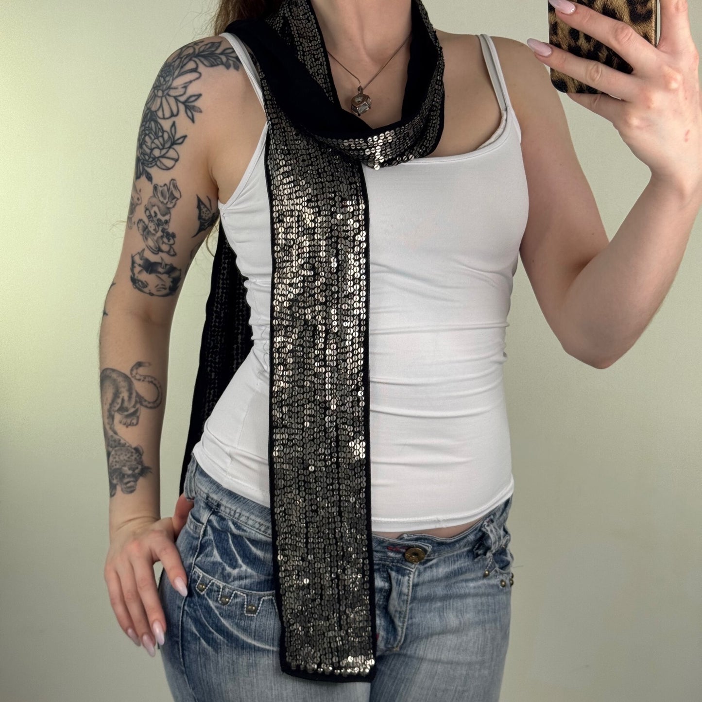 Y2K vintage scarf sequin black silver shiny thin skinny