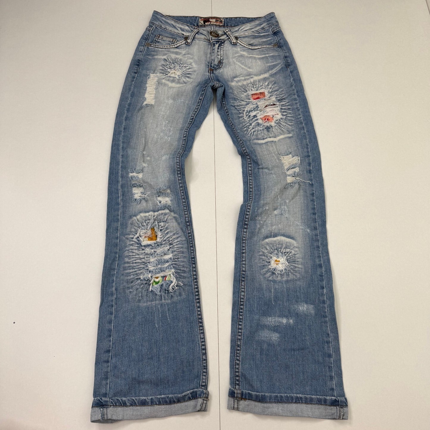 Rare AW03 Dsquared2 Archive Low Rise Distressed Embroidered Flared Jeans W26 L34