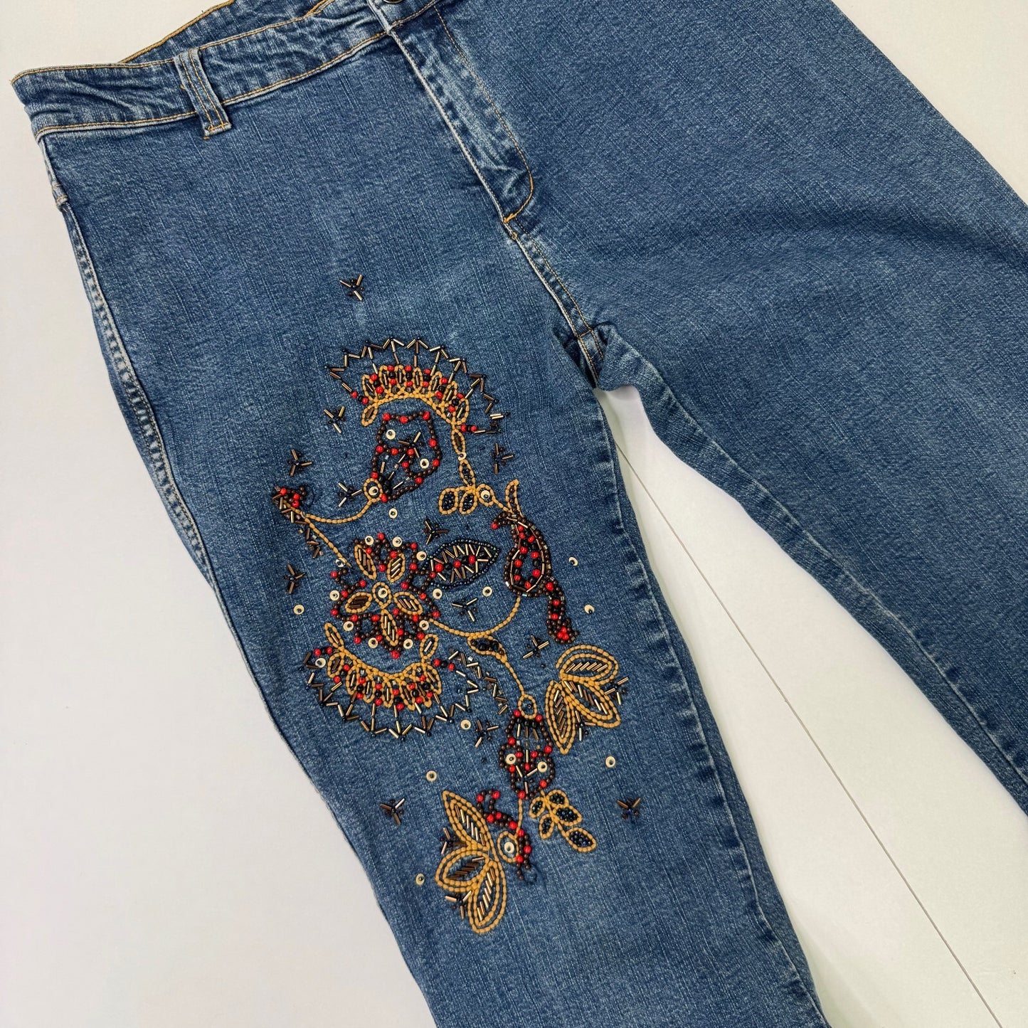 Y2K vintage bootcut denim jeans mid rise embroidered beaded sequin boho