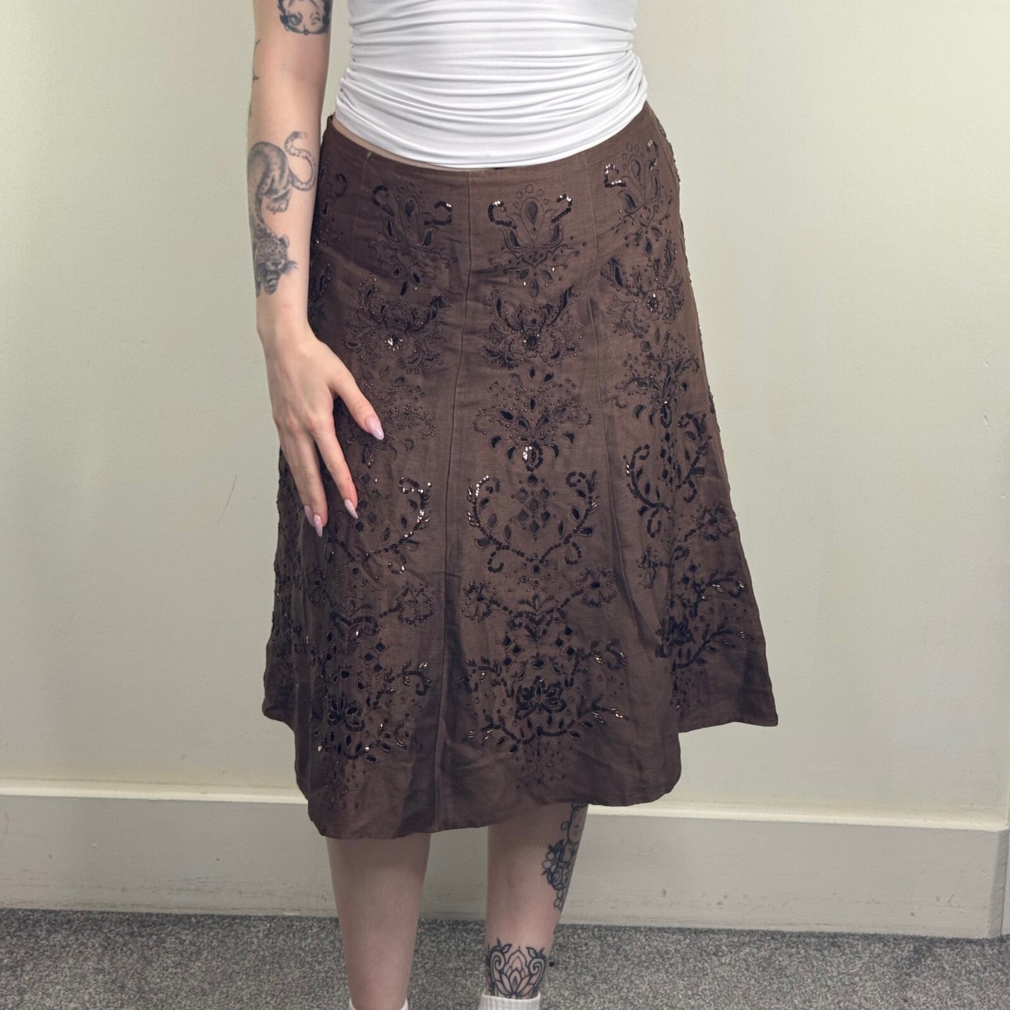 Y2K vintage midi skirt linen silk blend a line beaded floral embroidered sequin