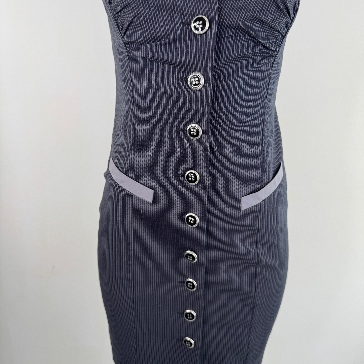 Y2K vintage pinstripe mini dress cap sleeve round neck fitted tailored pin up
