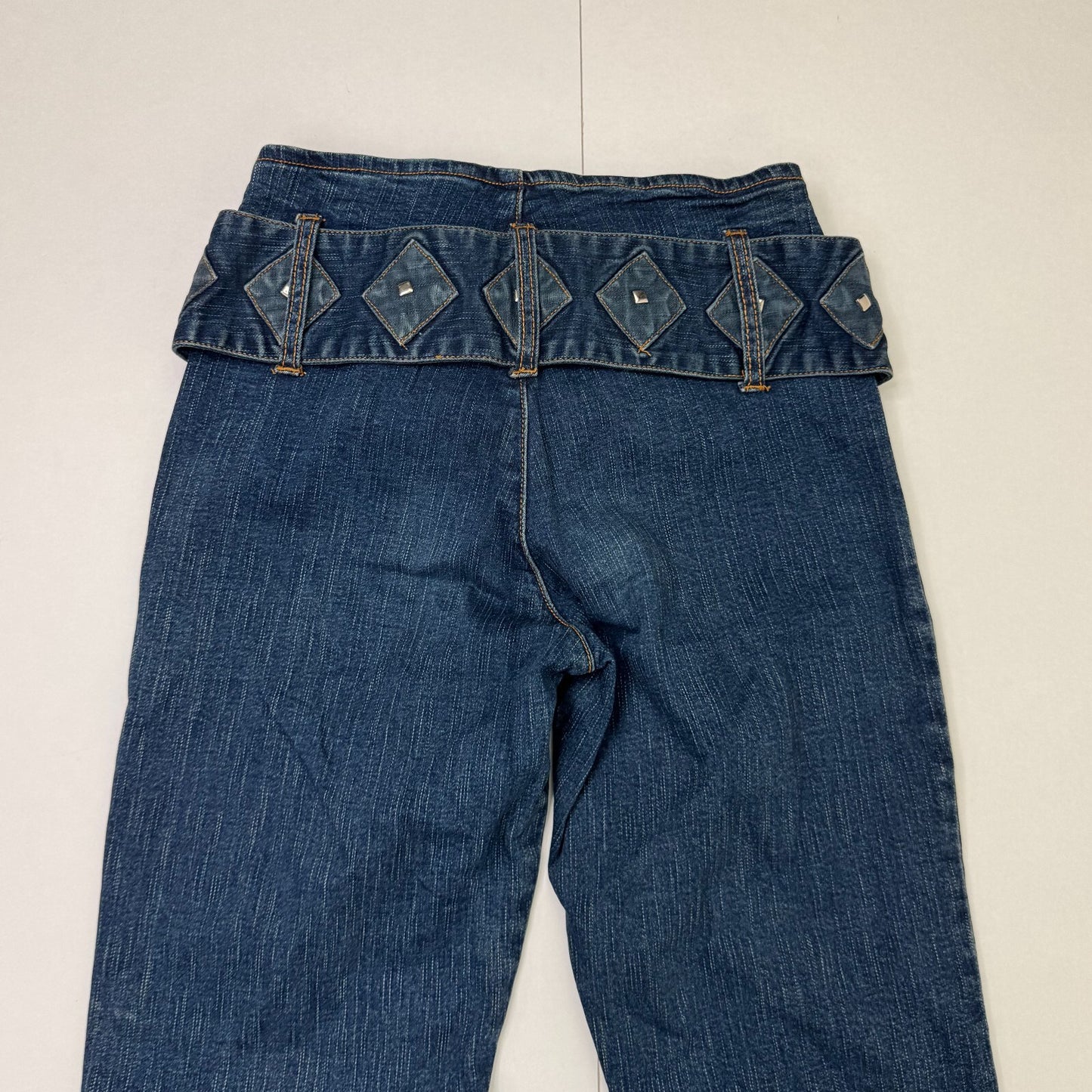 Y2K vintage bootcut denim jeans dark blue wash with chunky belt studs mid rise
