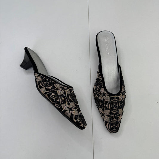 Y2K vintage slip on mules heels small block beaded pointed toe embroidered