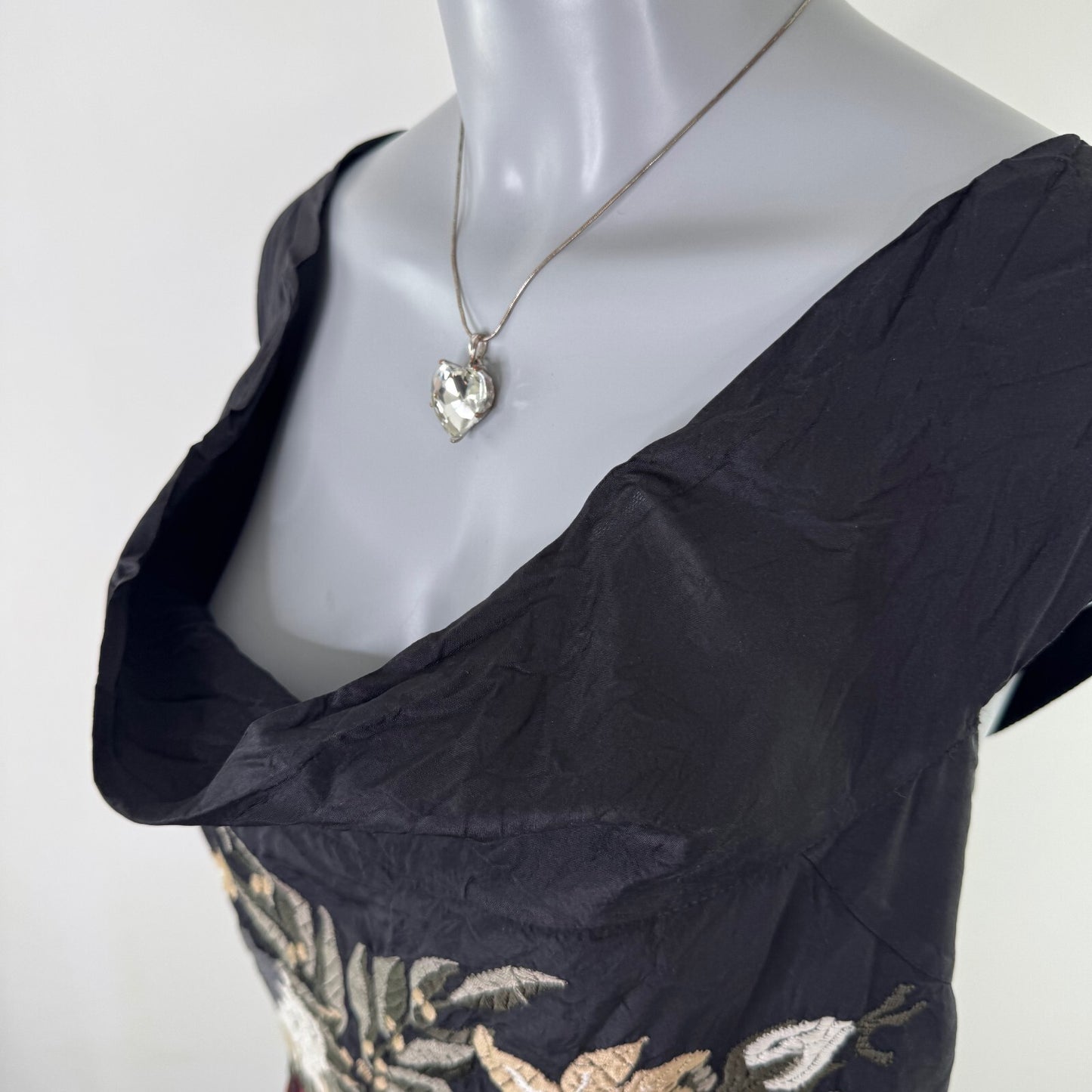 Vintage Nicole Farhi 100% silk midi dress embroidered floral cowl neckline