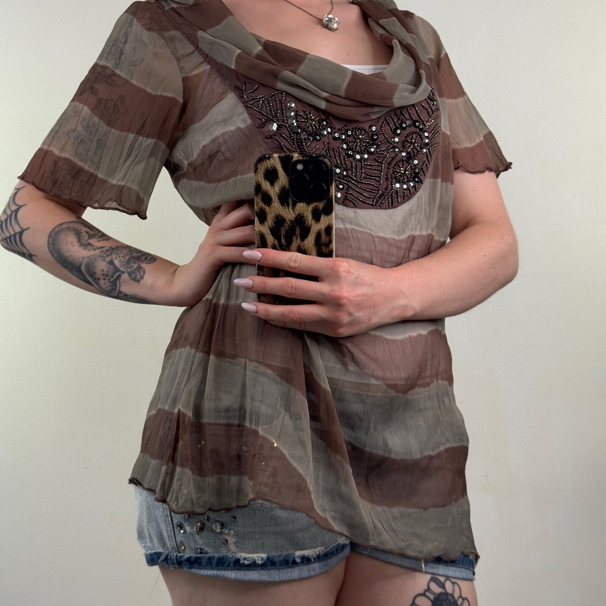 Y2K vintage blouse stripe boho cowl neck embellished sheer short sleeve