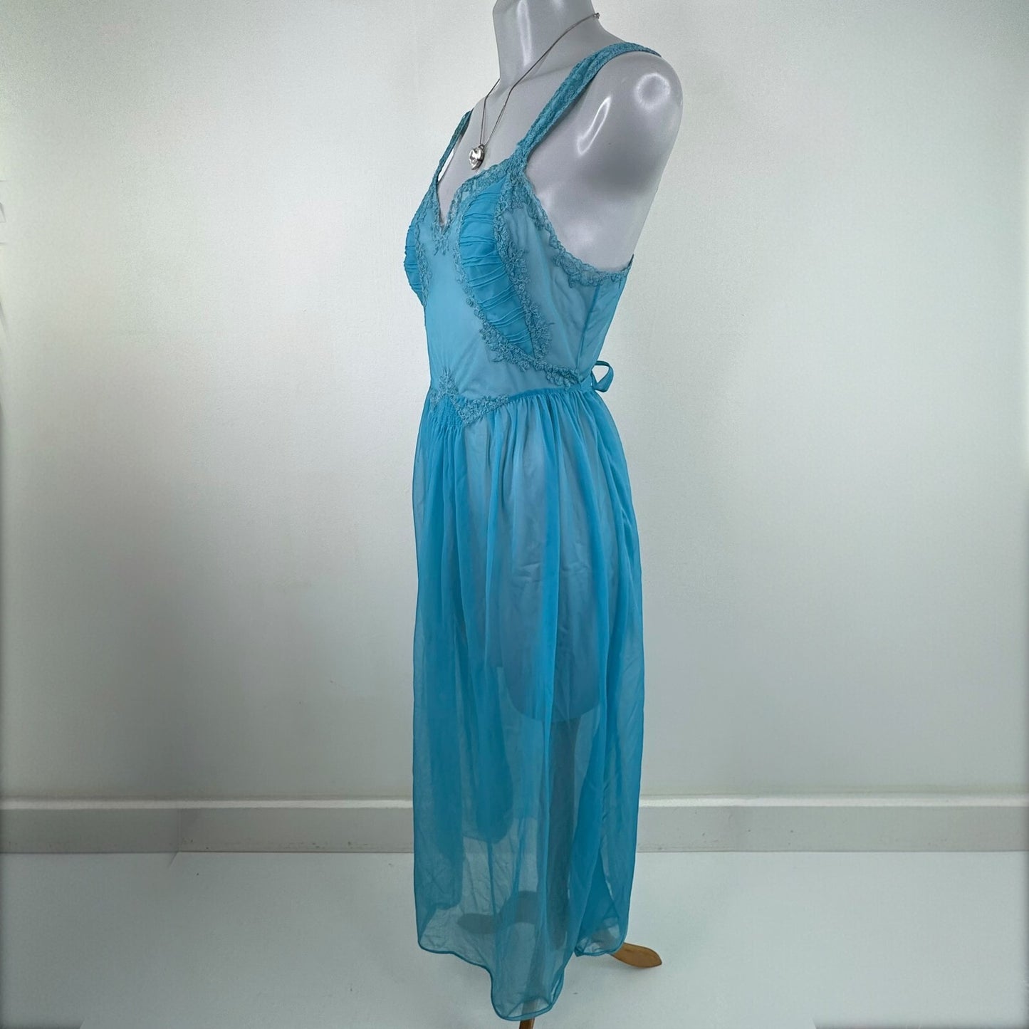 Vintage lingerie sheer maxi dress mesh lace trim bow coquette chiffon nightdress