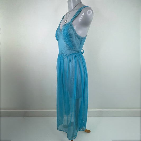 Vintage lingerie sheer maxi dress mesh lace trim bow coquette chiffon nightdress