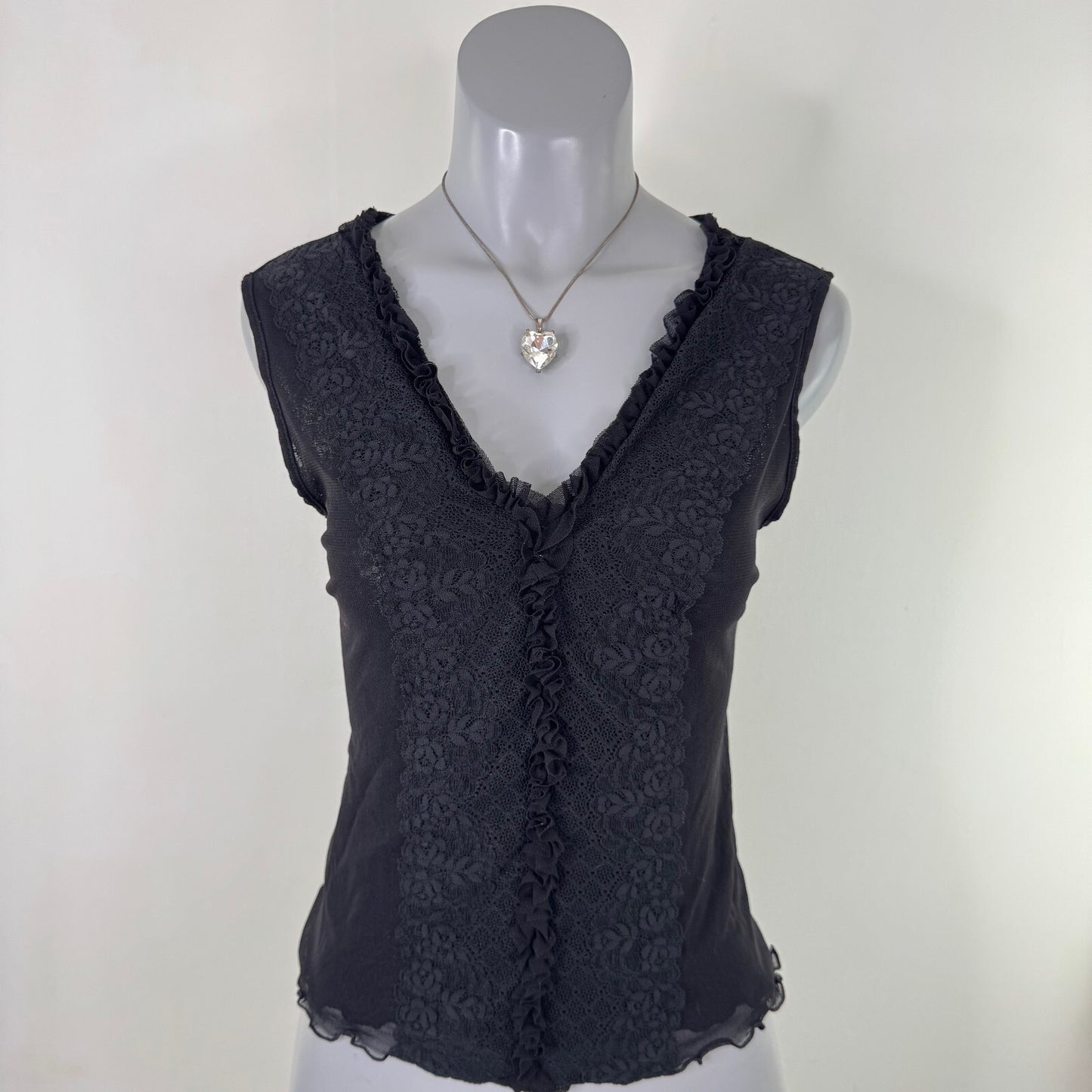 Y2K vintage tank top mesh lace stretchy ruffle double layer v neck