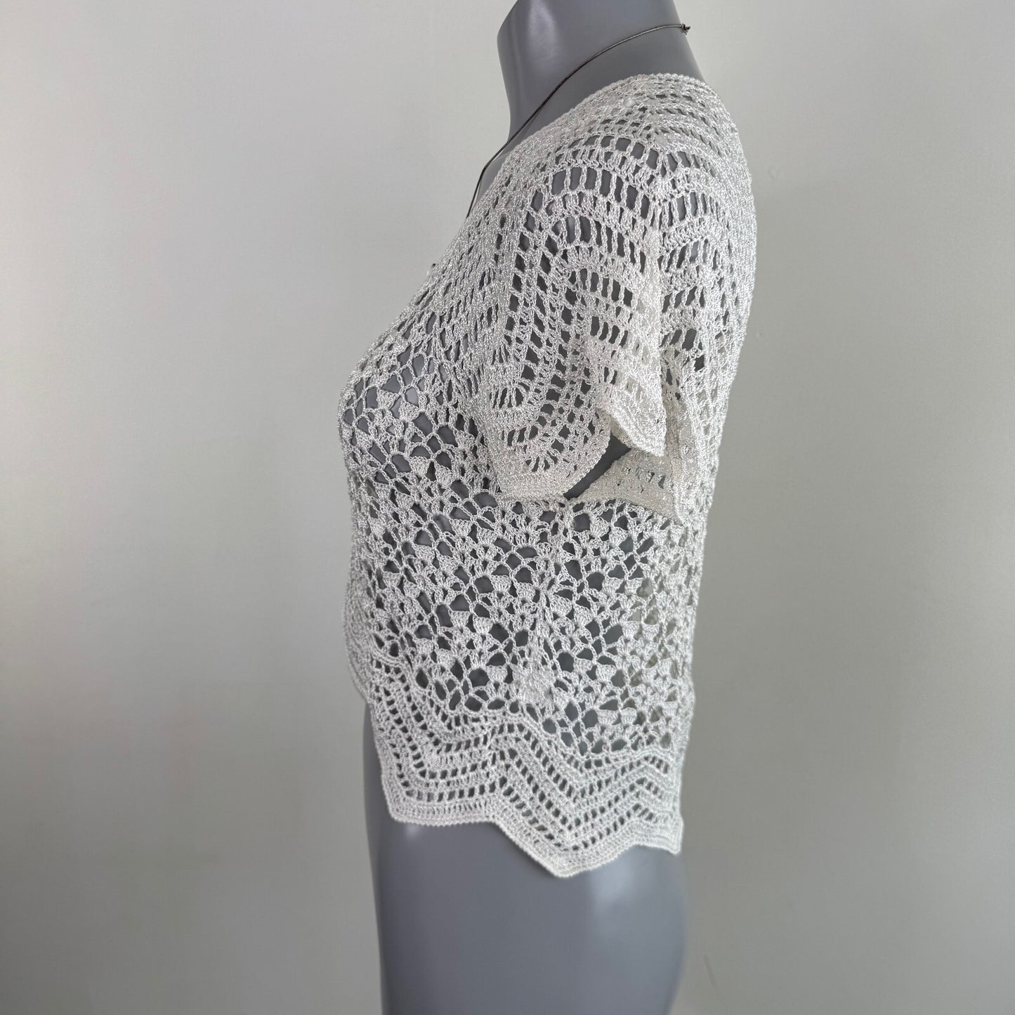 Y2K vintage short sleeve crochet top button up sheer knit v neck cardigan white