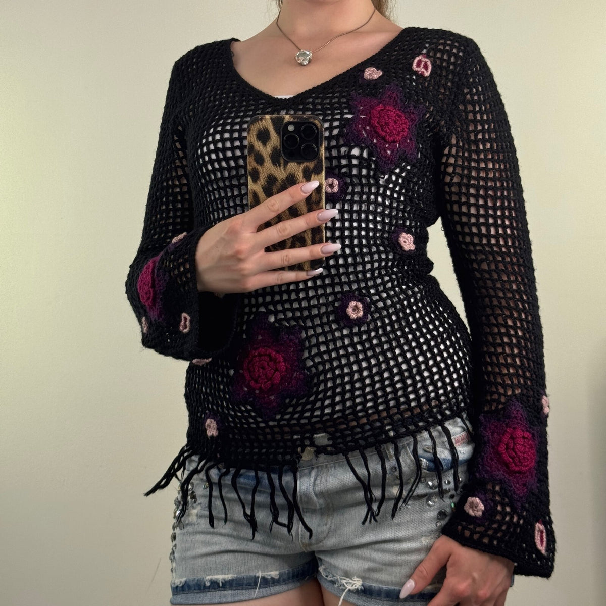 Y2K vintage crochet jumper knit floral pattern flare long sleeve fringe v neck
