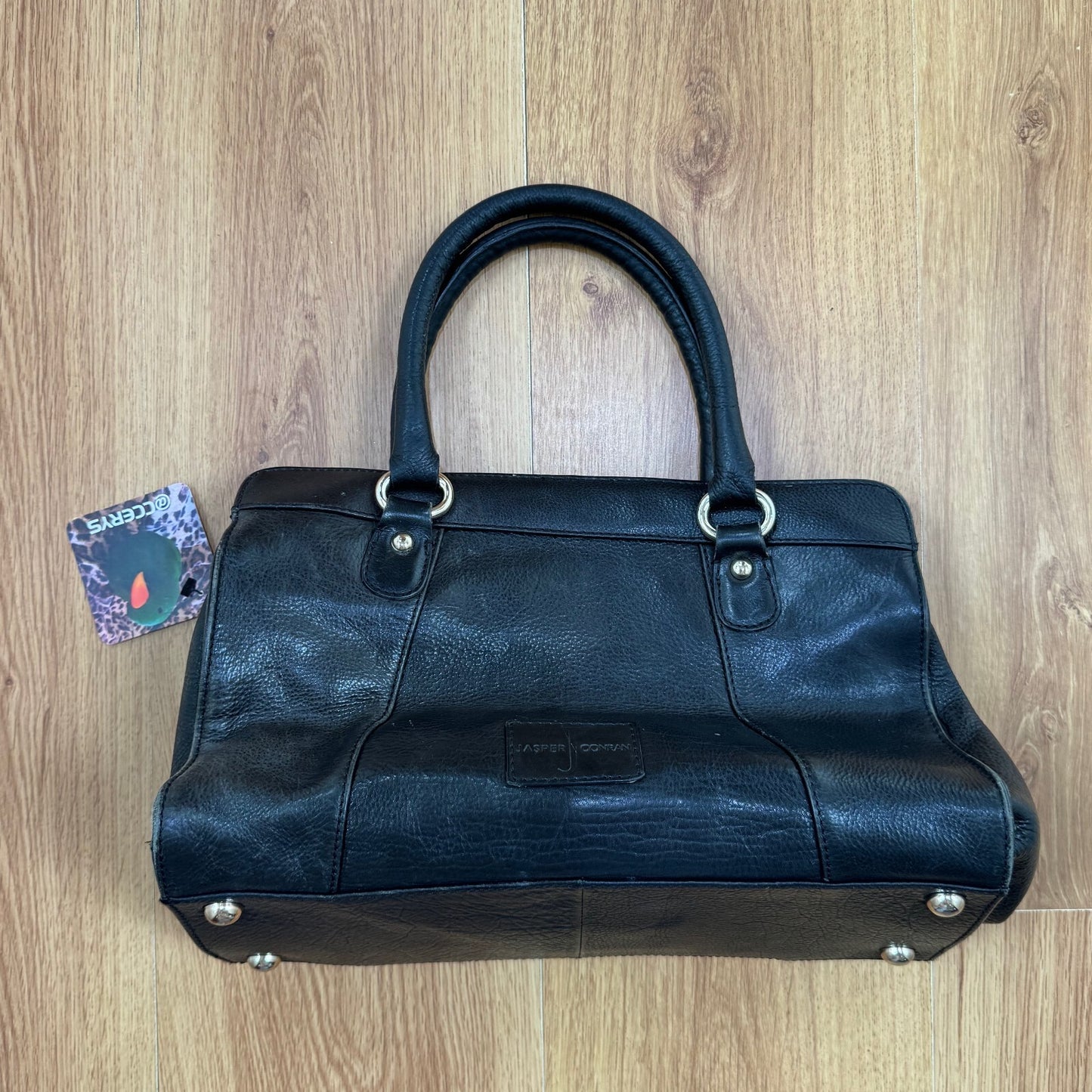 Y2K vintage genuine leather handbag medium black gold zip stud pockets