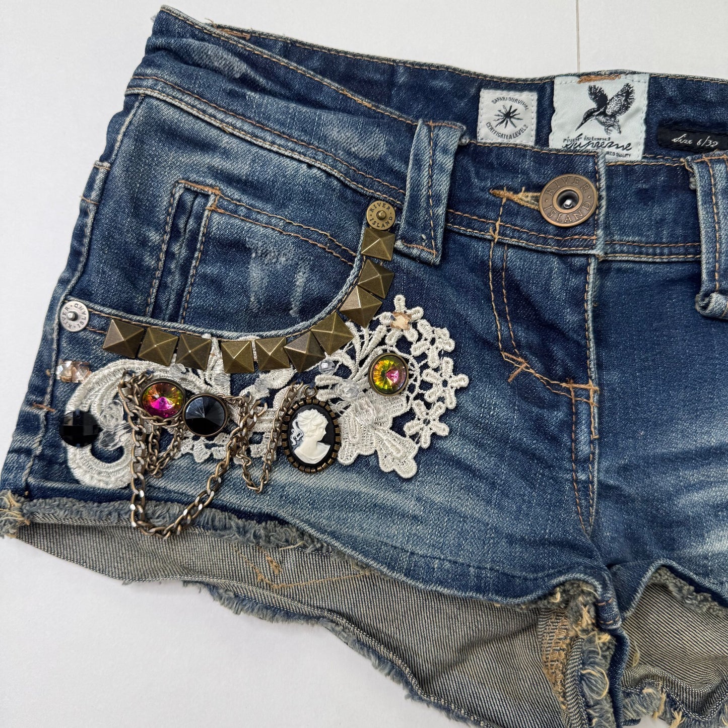 Vintage denim mini shorts super low rise stud embellished lace chain stretchy