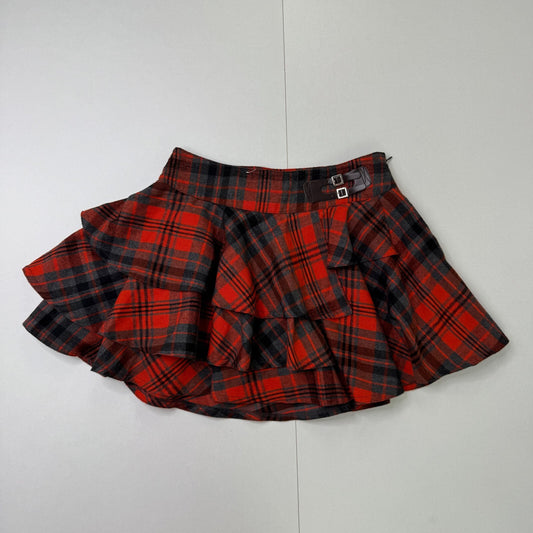 Y2K vintage mini skirt tartan frilly layered faux leather buckle grey orange