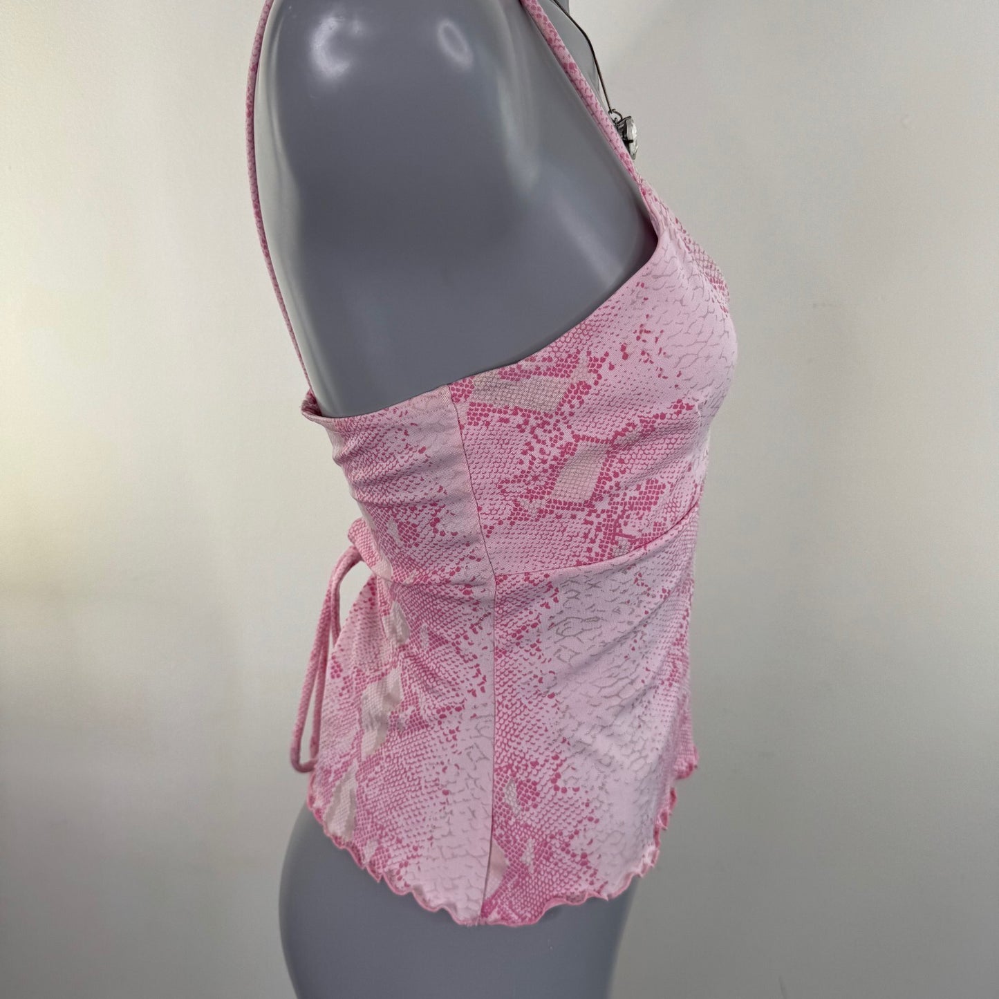 Y2K vintage snakeskin top cami lace up strappy fitted v neck pink