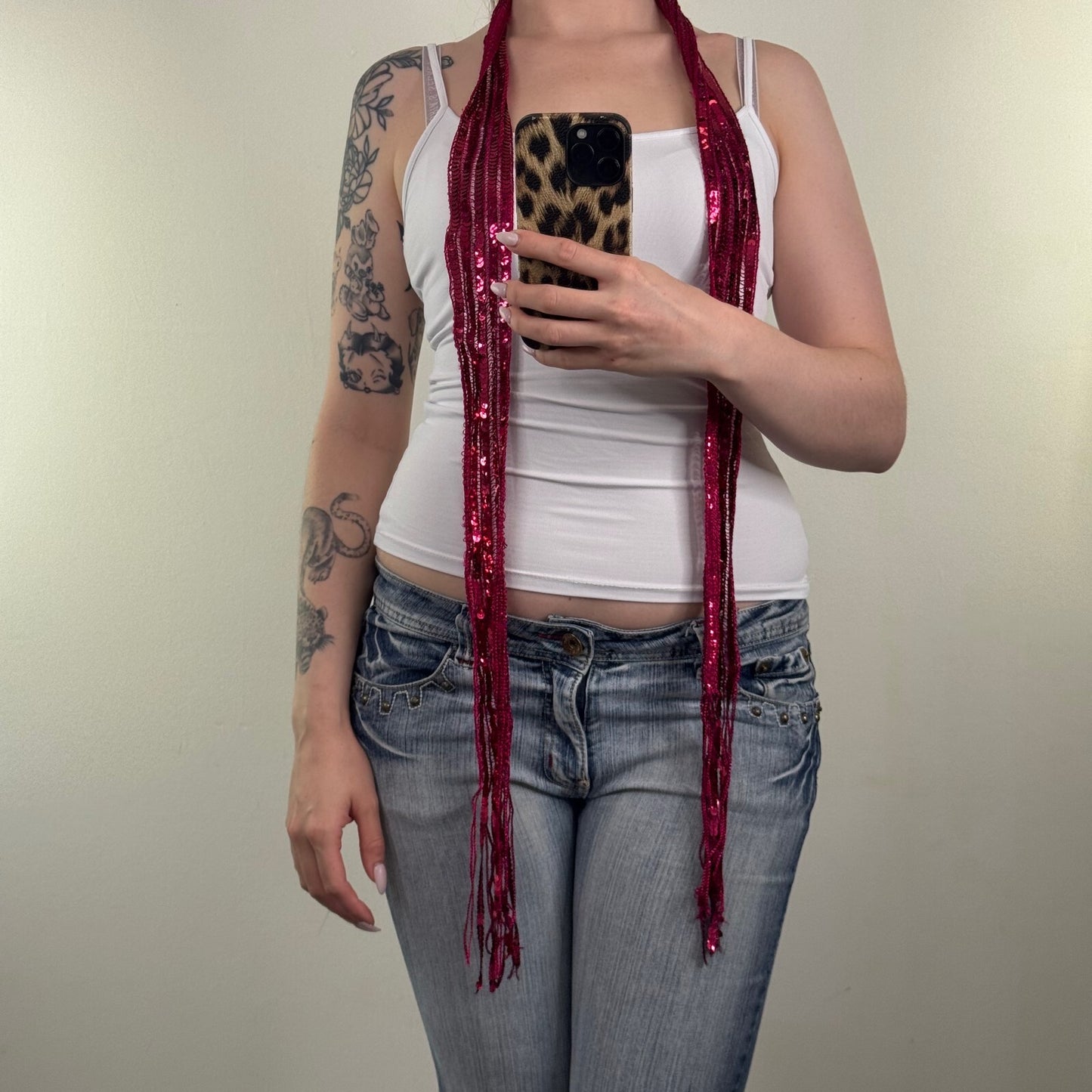 Y2K vintage sequin skinny scarf thin sheer