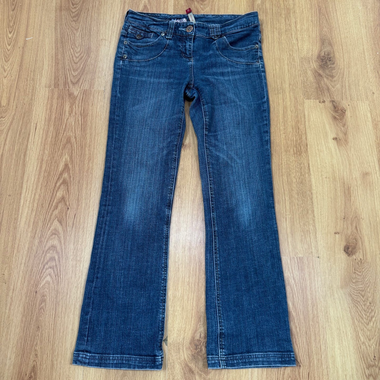 Y2K vintage bootcut denim jeans low rise dark faded wash studded embroidered