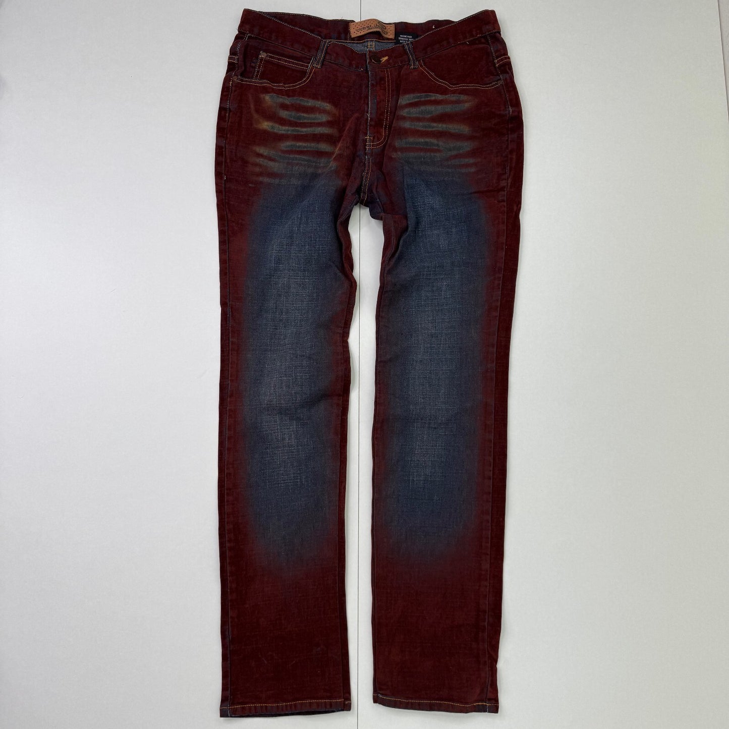 Y2K vintage faux suede jeans denim straight leg blue burgundy contrast stitch